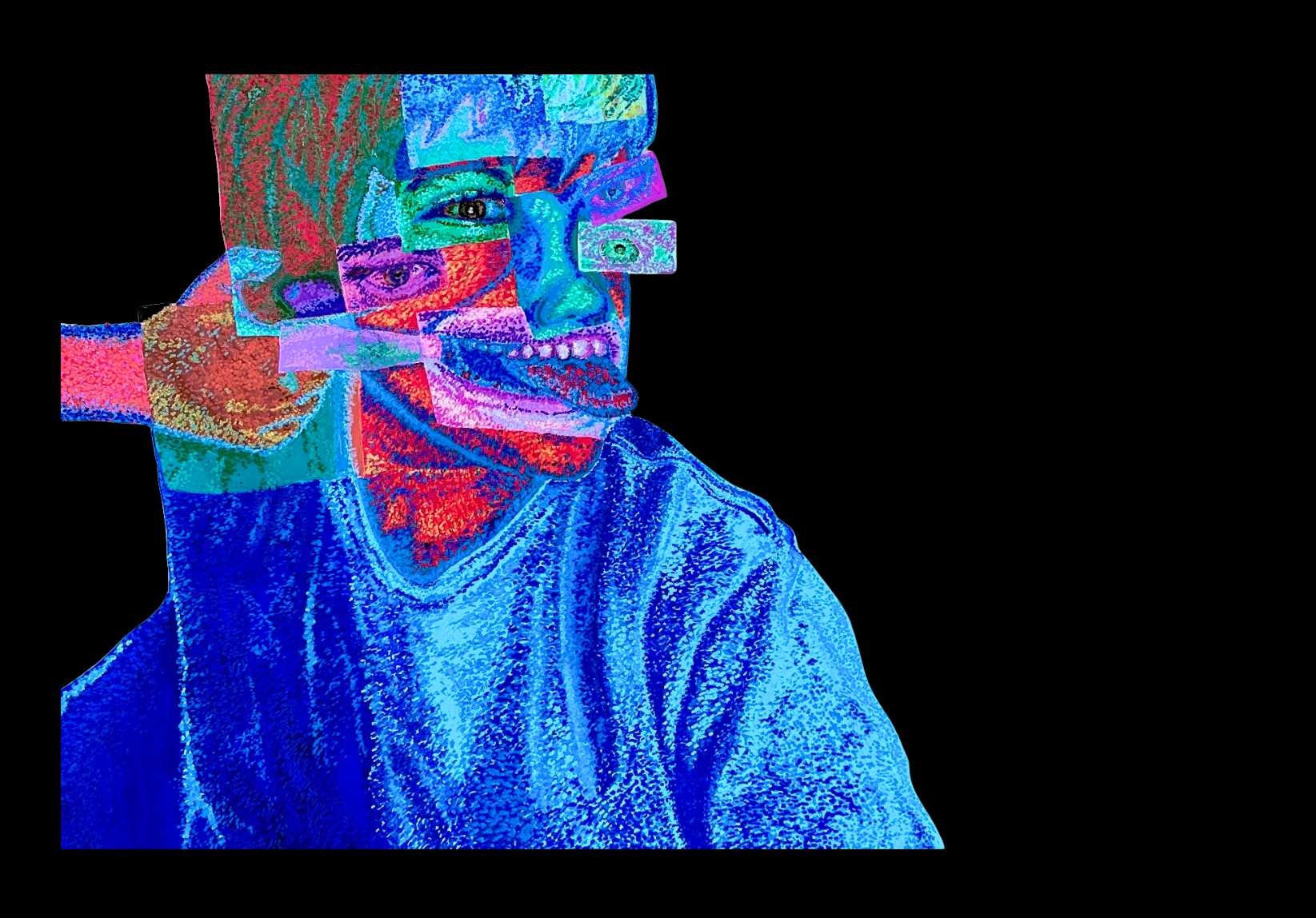Who Are You Looking At, mixed media self-portrait by Defne Celet